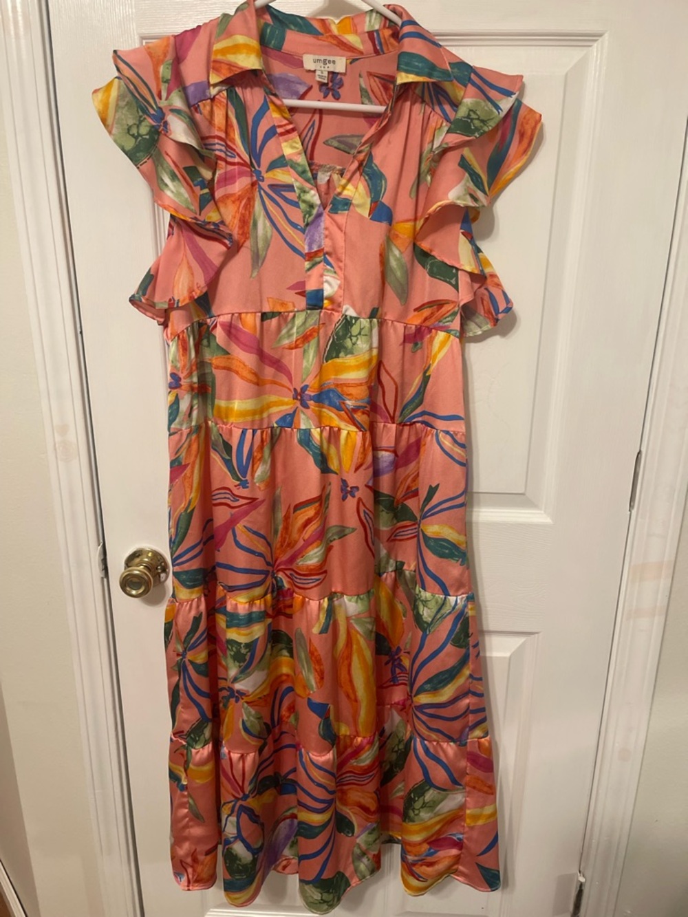 Umgee Coral Pink Multi Floral Ruffle Tiered Maxi Dress